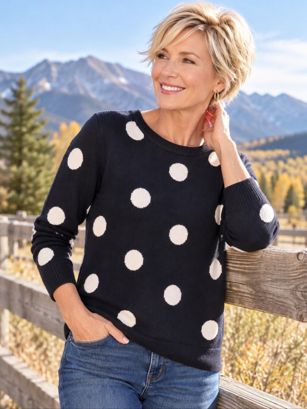 Talbots Large Dark Navy White Polka Dot Crewneck Sweater